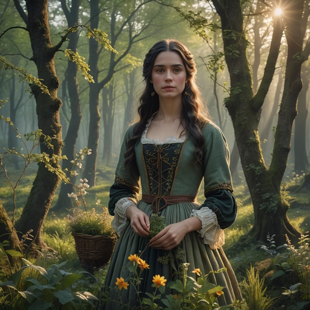 Woman Gathering Herbs at Sunrise: Photorealistic Digital Pai...