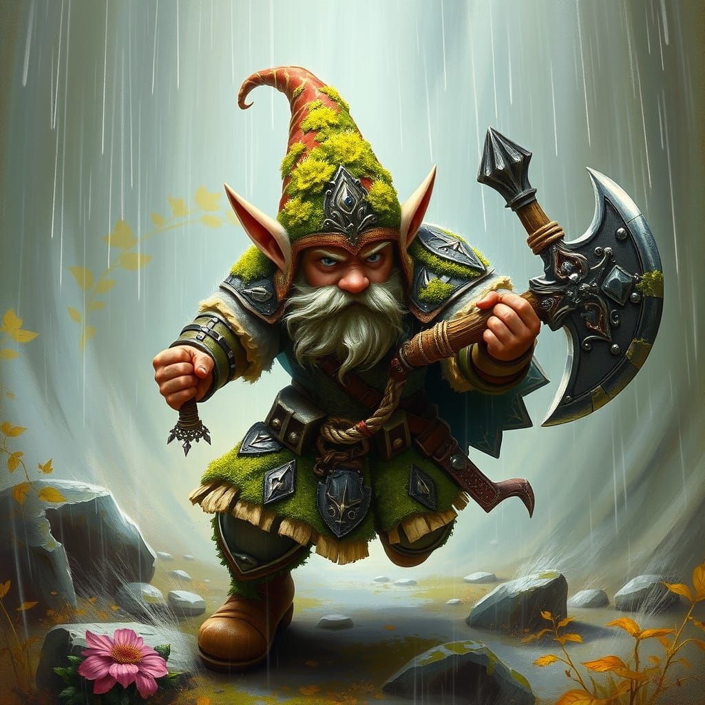 Gnome Warrior in Whimsical Rainy Battle