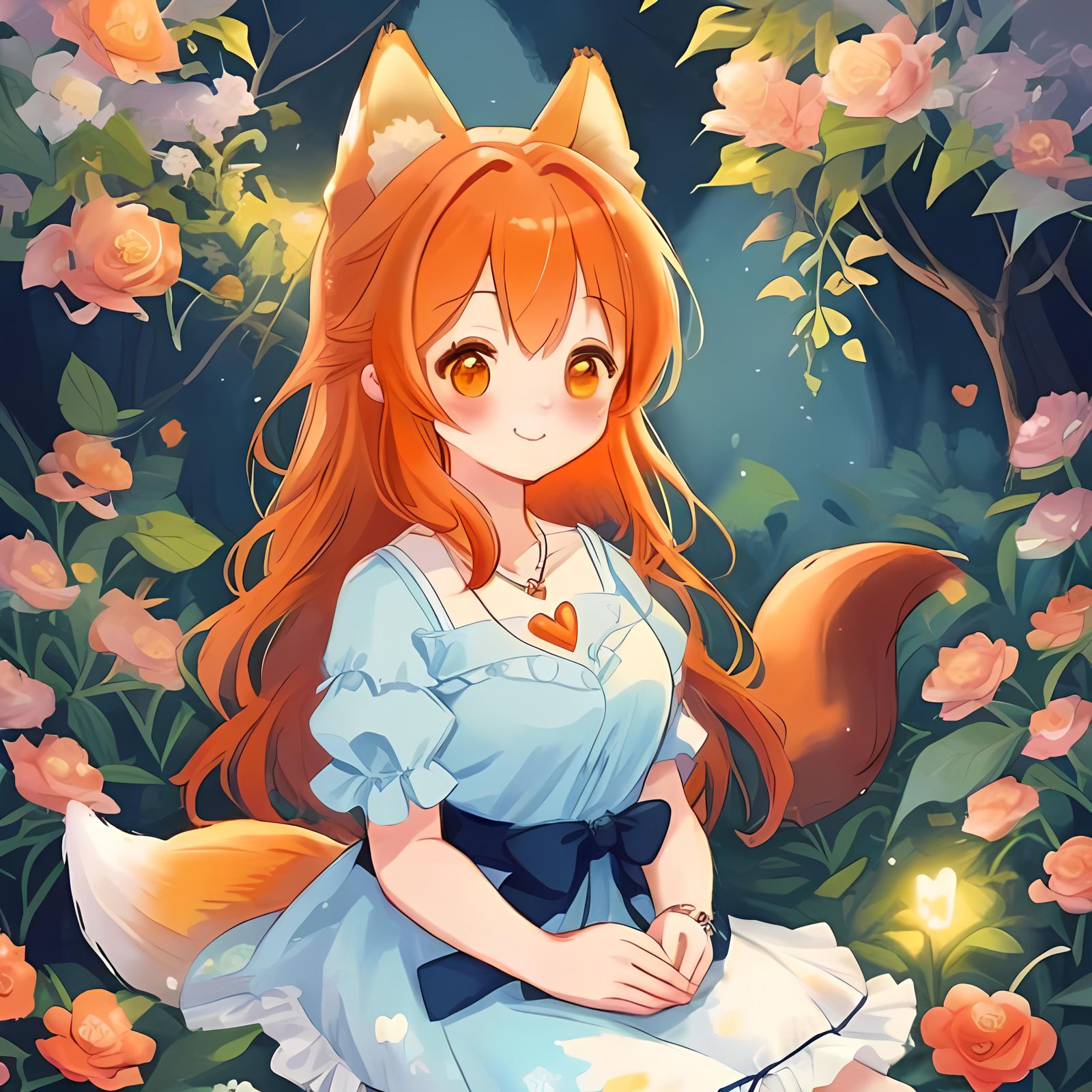 Fox Girl Holding Heart in Soft Anime Style