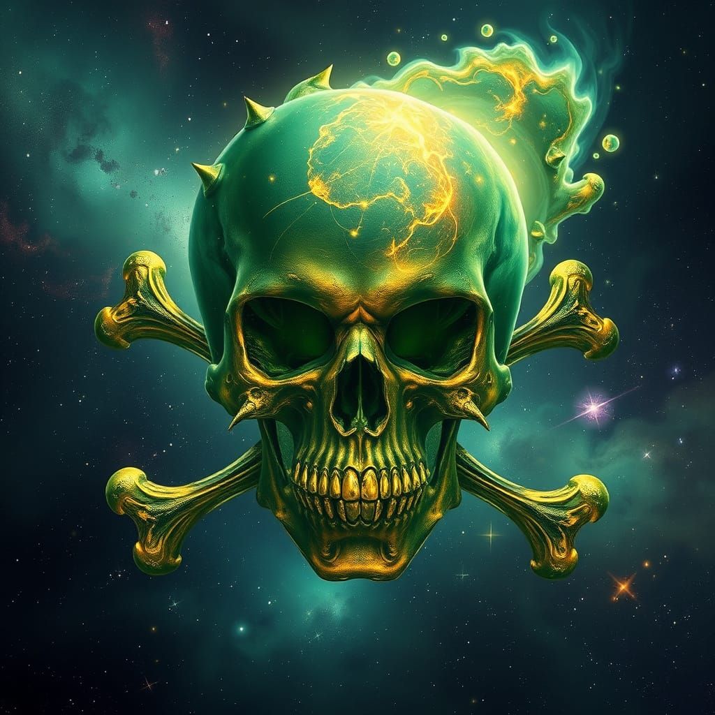 Green and Gold Skull Galaxy in Dark Fantasy Style