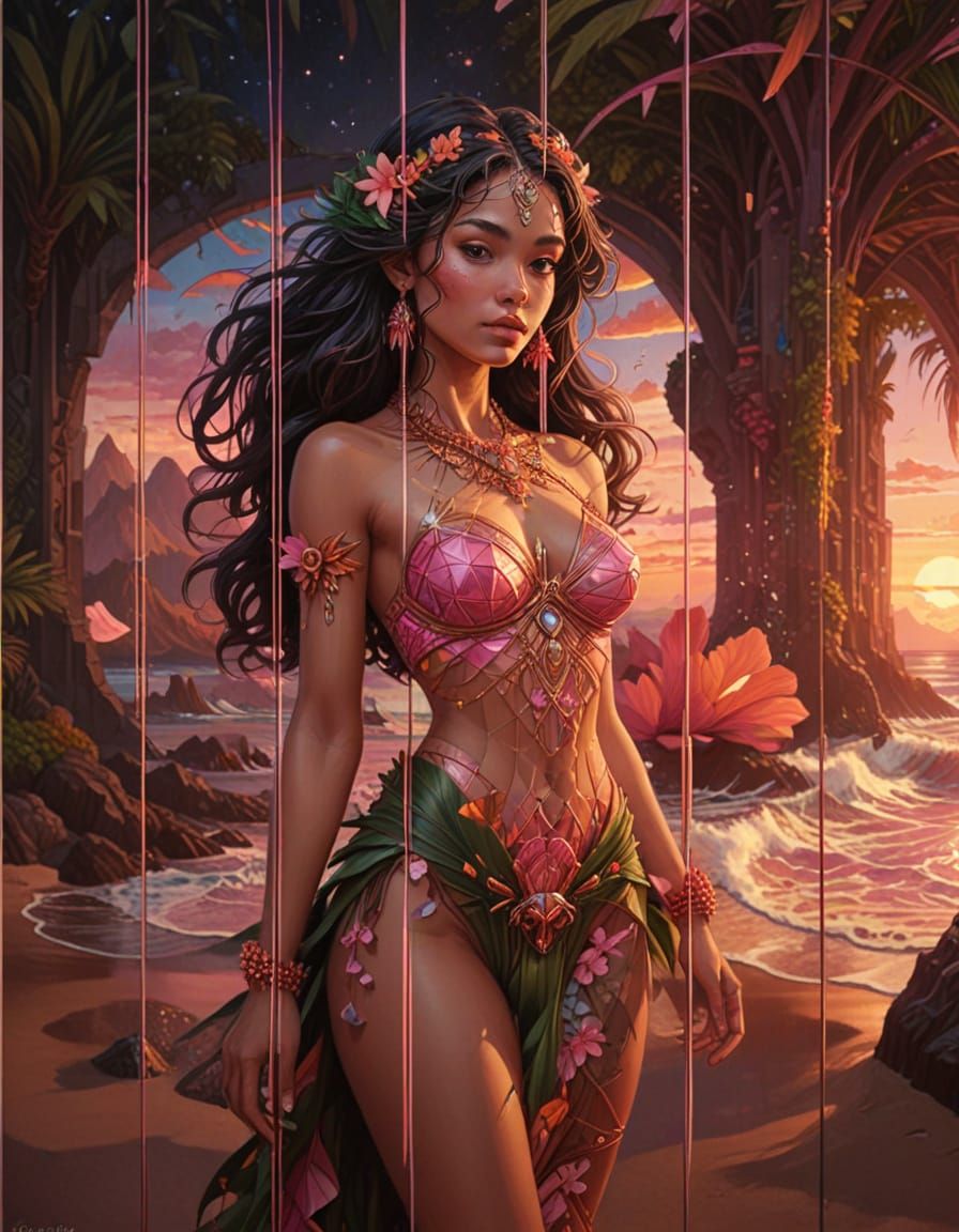 Hawaiian Hula Dancer at Sunset Beach in Escher-Inspired Conc...