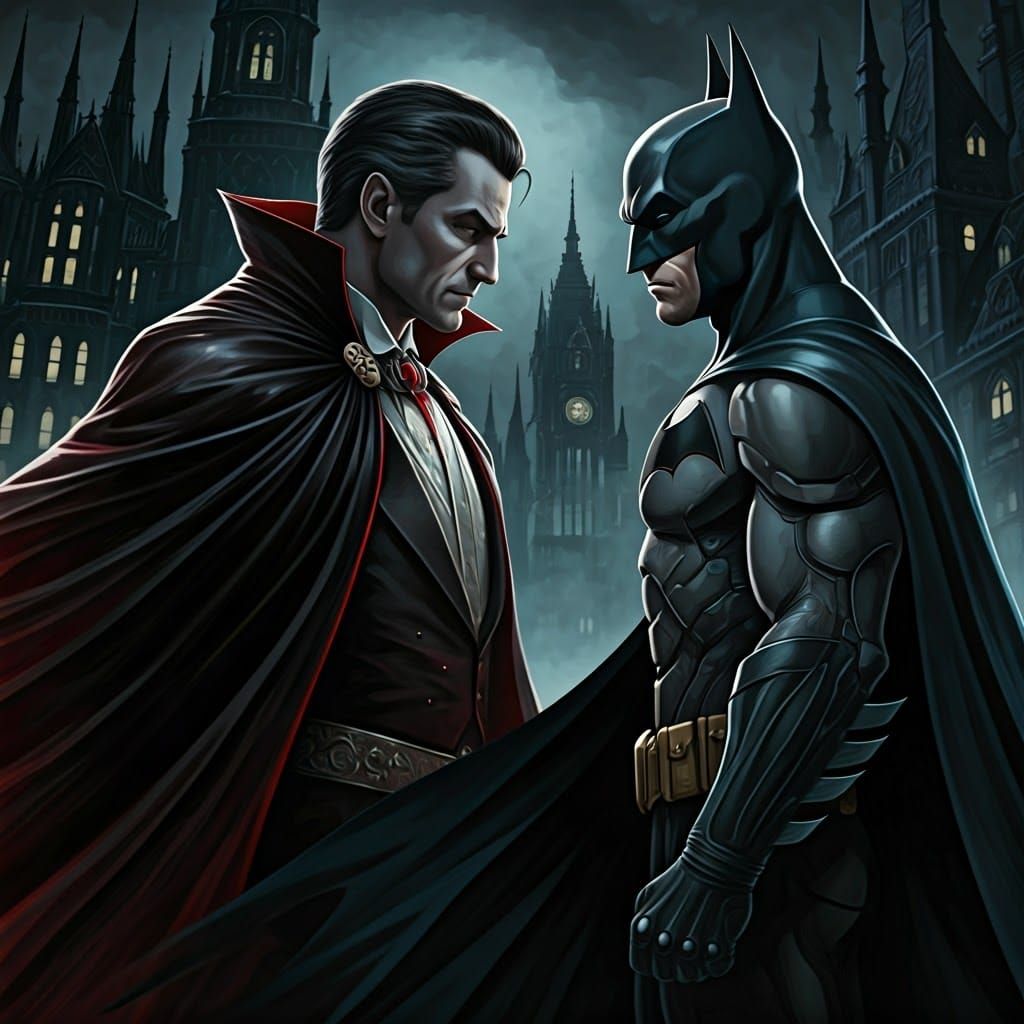 Dracula and Batman Stare-Down in Gothic Cityscape