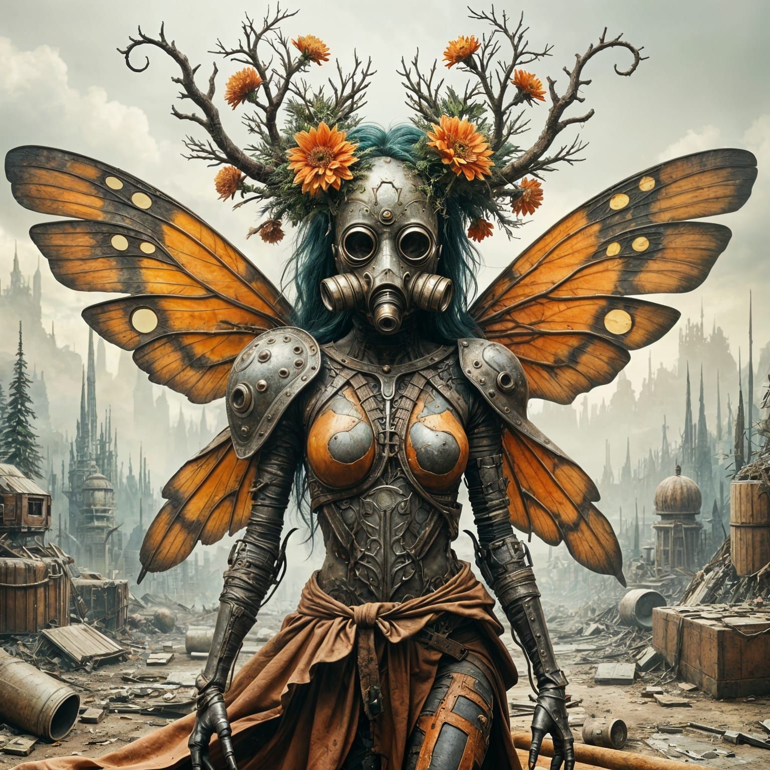 <lora:SumnerVision2:1.0> "Depict a post-apocalyptic scavenger fairy — a far cry from traditional fantasy. This fairy wea...