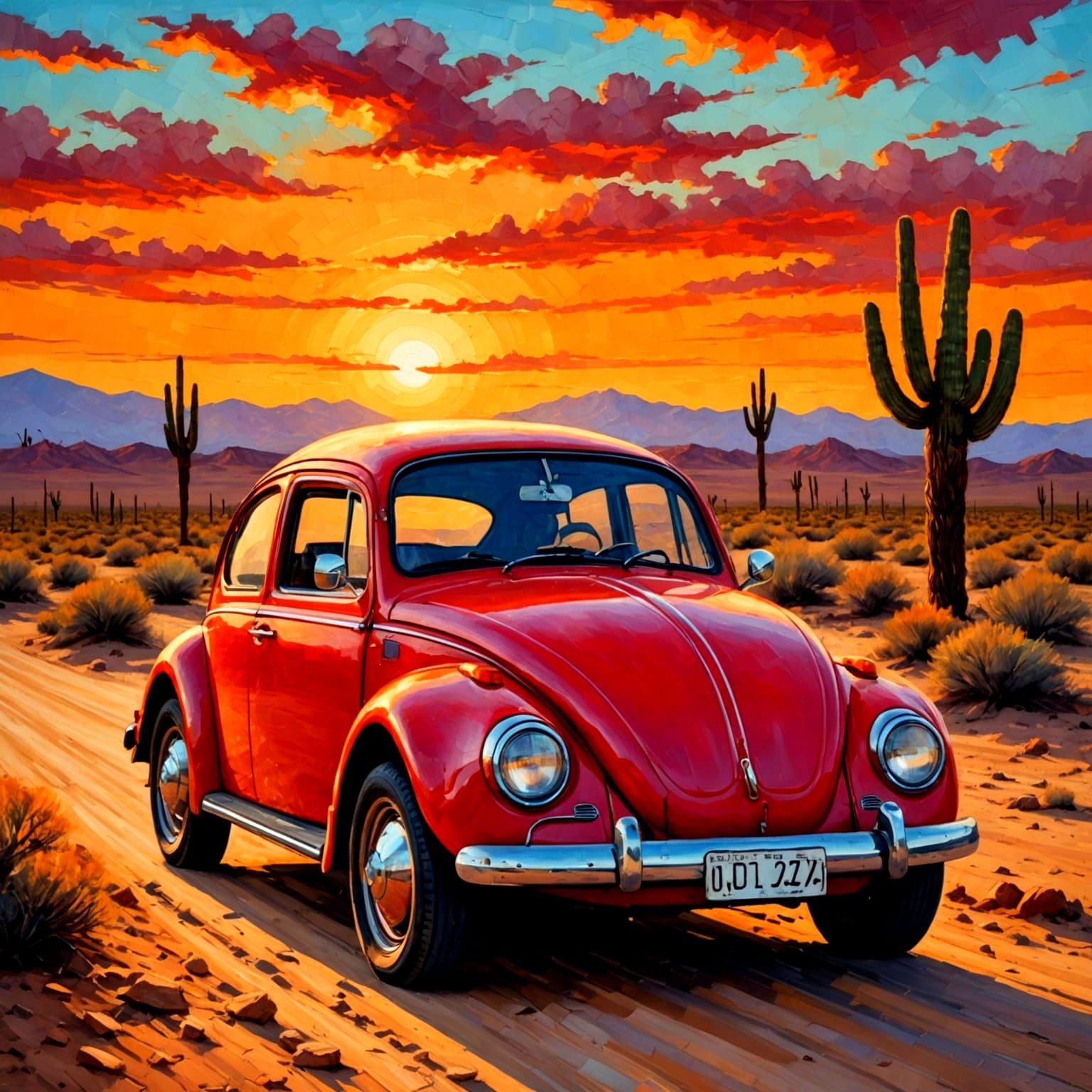 Vintage Red VW Beetle on Desert Road at Sunset