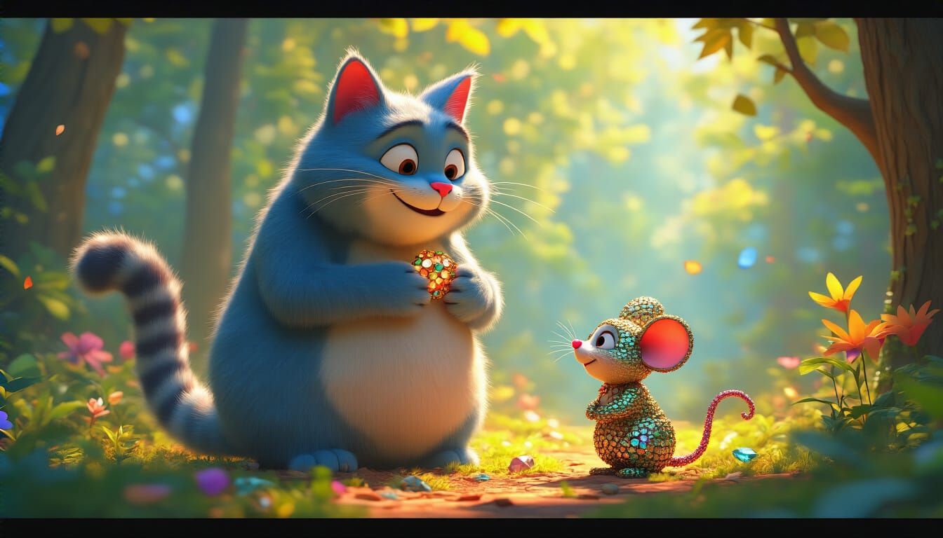 Friendly Giant Cat with Gemstone Mouse in Pixar Style