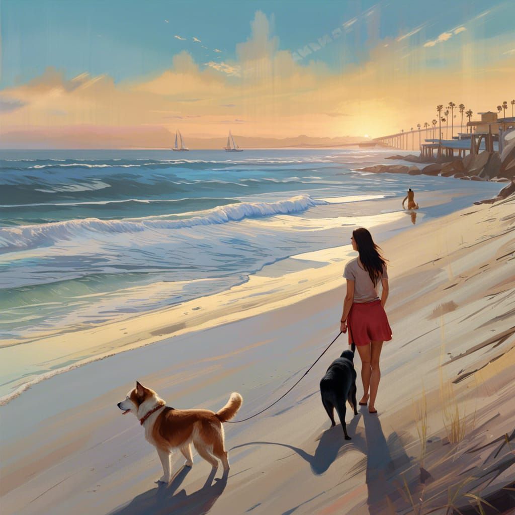 Woman and Dog on San Diego Beach, Splash Art