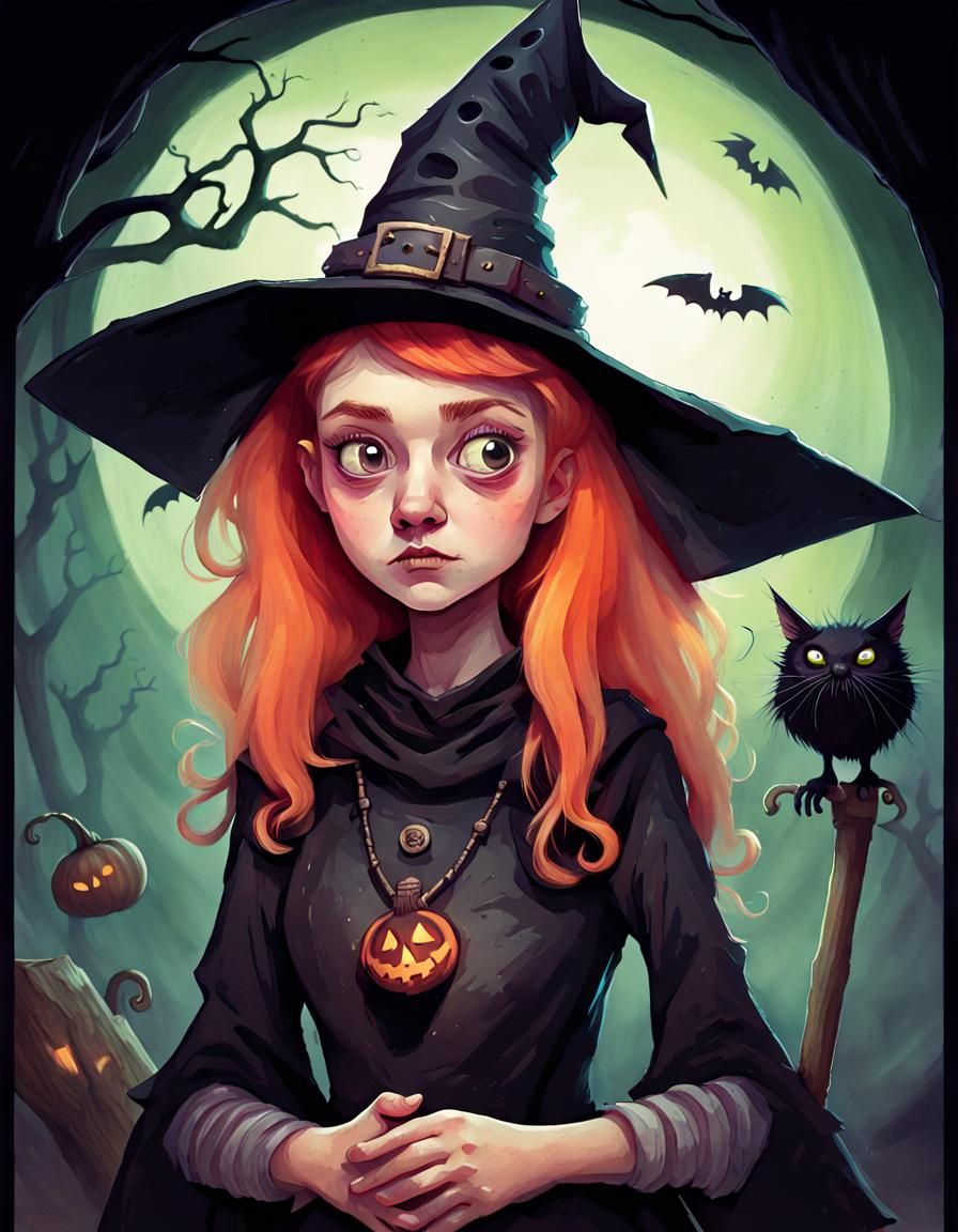 Spooky Biopunk Witch Portrait in Storybook Style