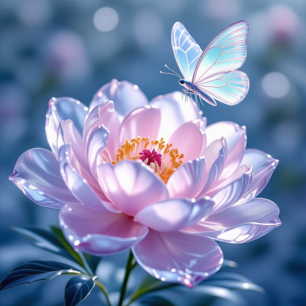 Elegant Ice Peony Flower with Transparent Butterfly