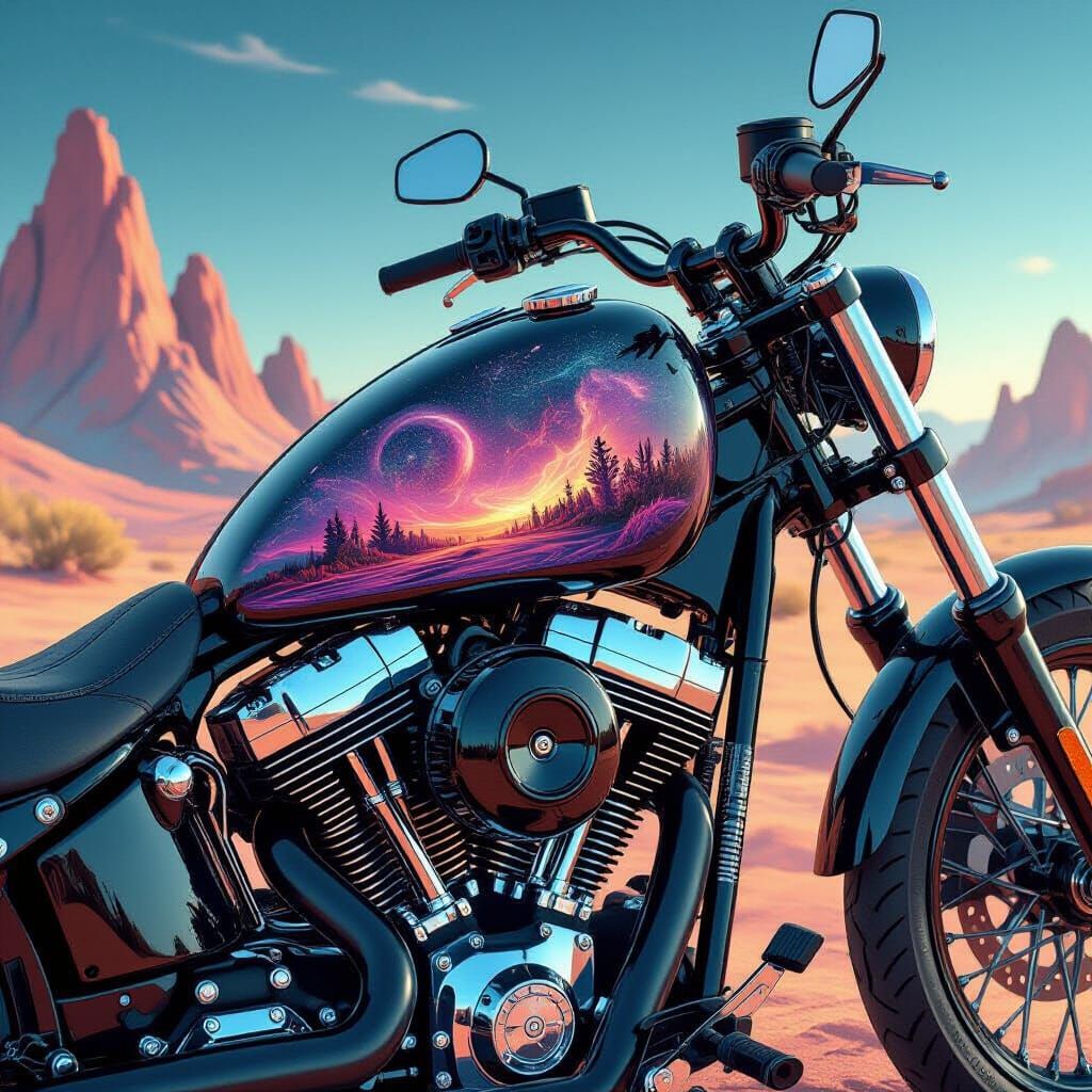 Airbrushed Motorcycle Tank: Surreal Alien Landscape