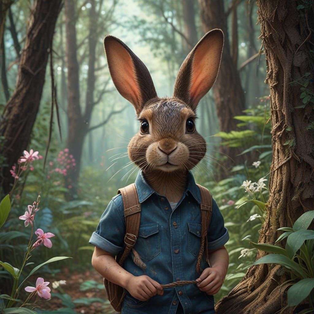 Whimsical Boy Catches a Gentle Rabbit in a Vibrant Forest