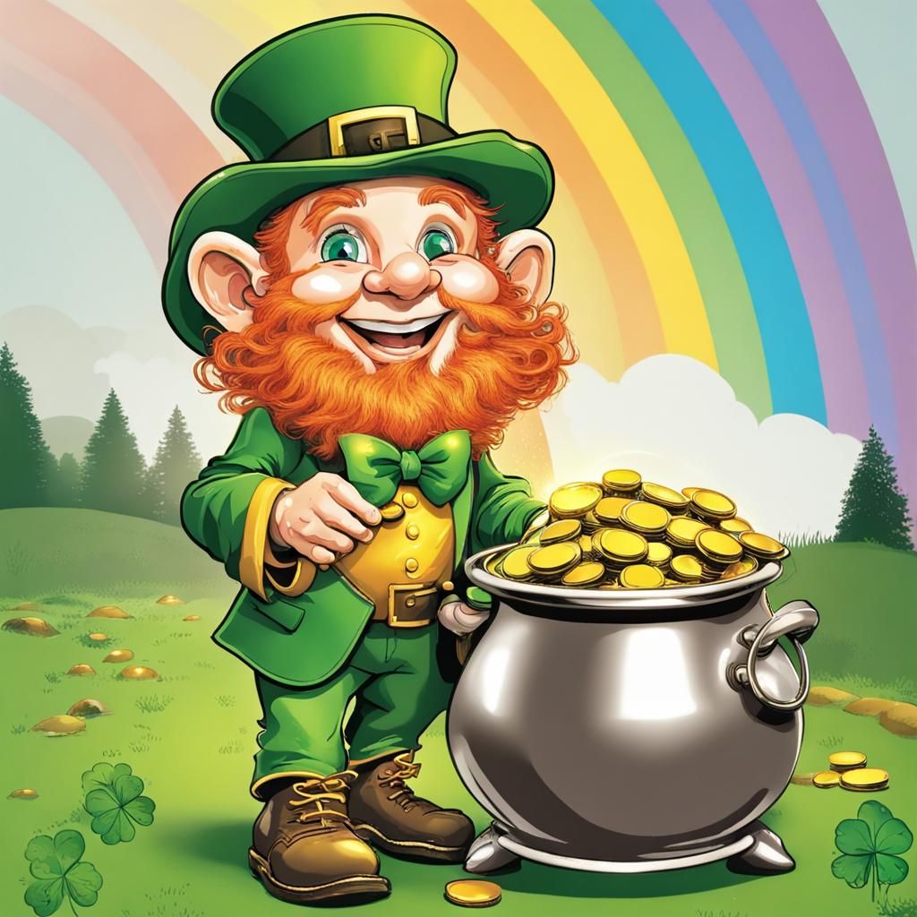 Leprechaun with Pot of Gold at Rainbow's End