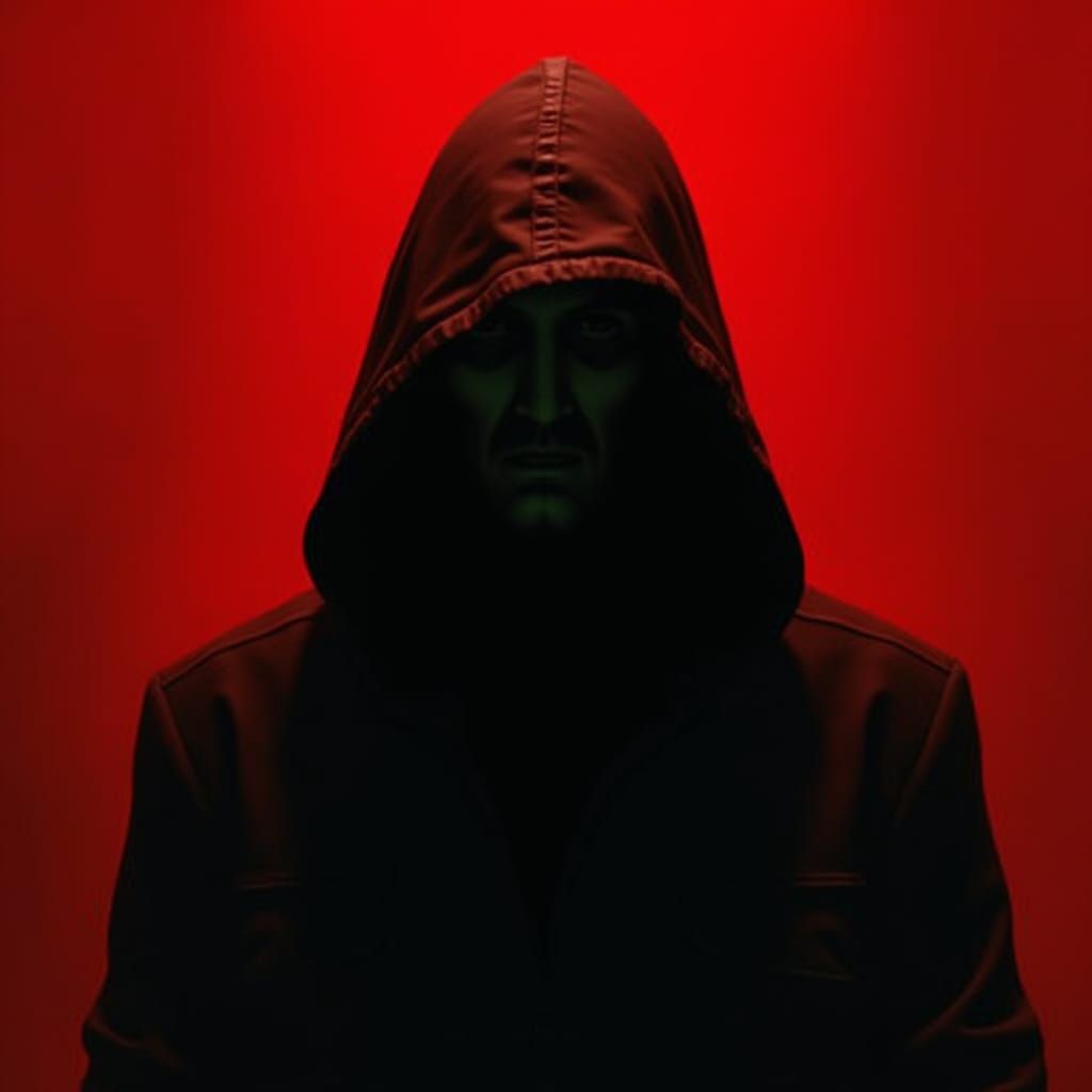 Mysterious Hooded Figure in Red-Toned Shadows