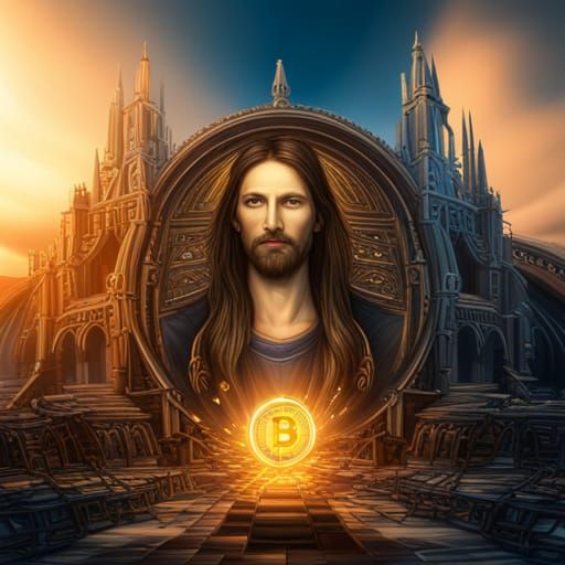 Bitcoin Jesus in Fantastical Landscape