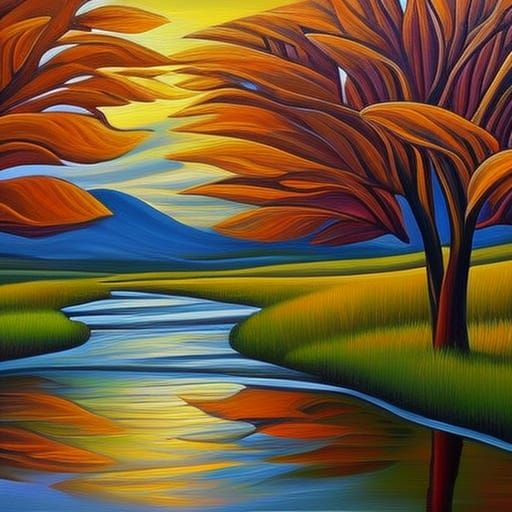 Autumn Trees Reflect in Stream as Impasto Painting