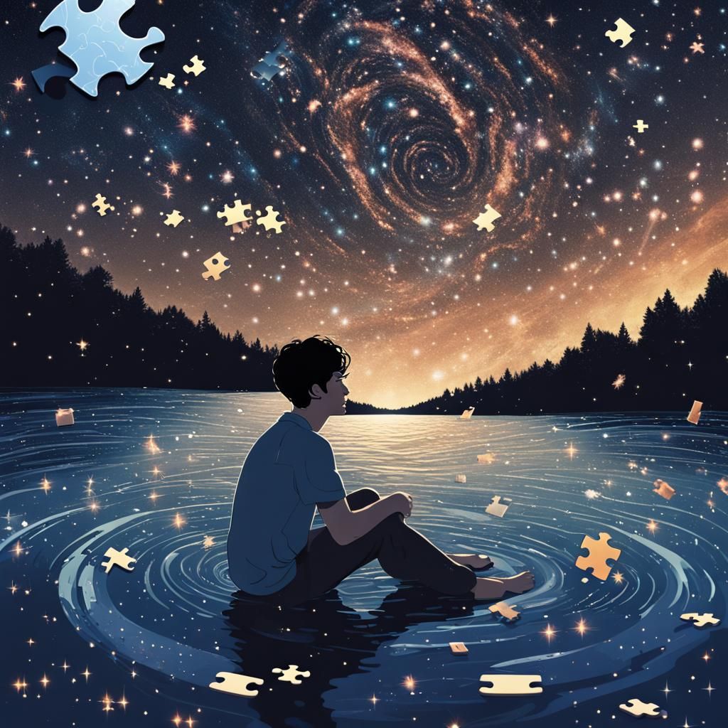Young Man's Cosmic Puzzle: Cinematic Night River