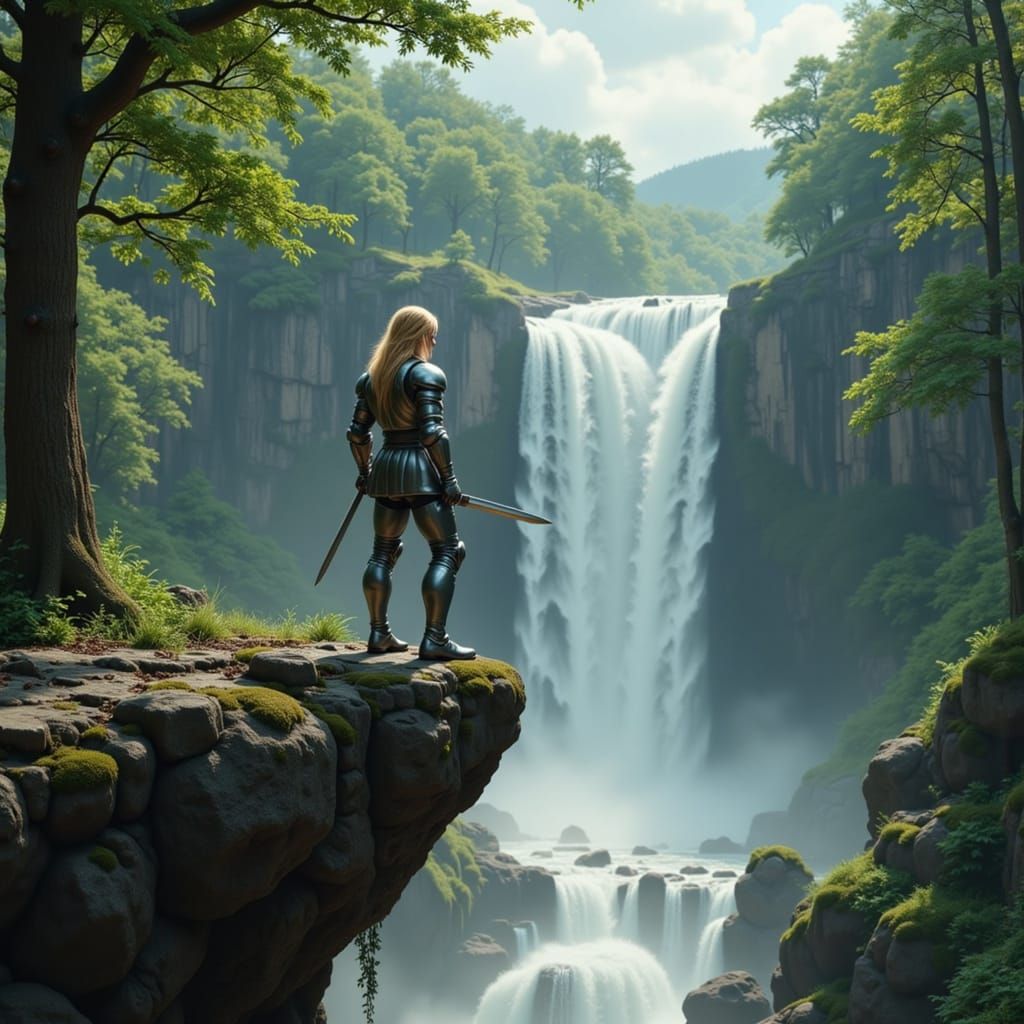 Siegfried at Waterfall Edge in Silver Armor