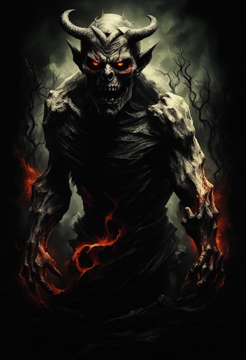 Demonic Figure in Hell: A Black and White Render