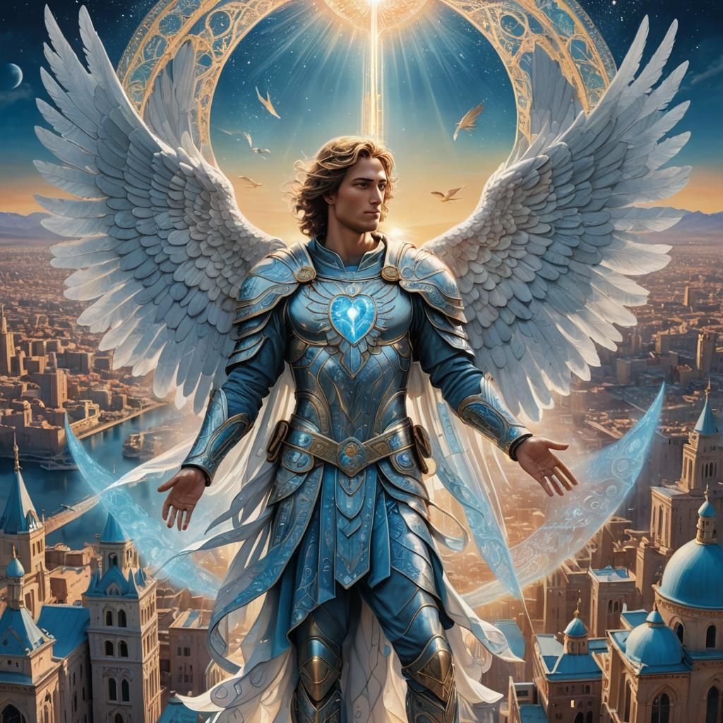 Archangel Michael in Celestial City: Mixed Media Matte Paint...