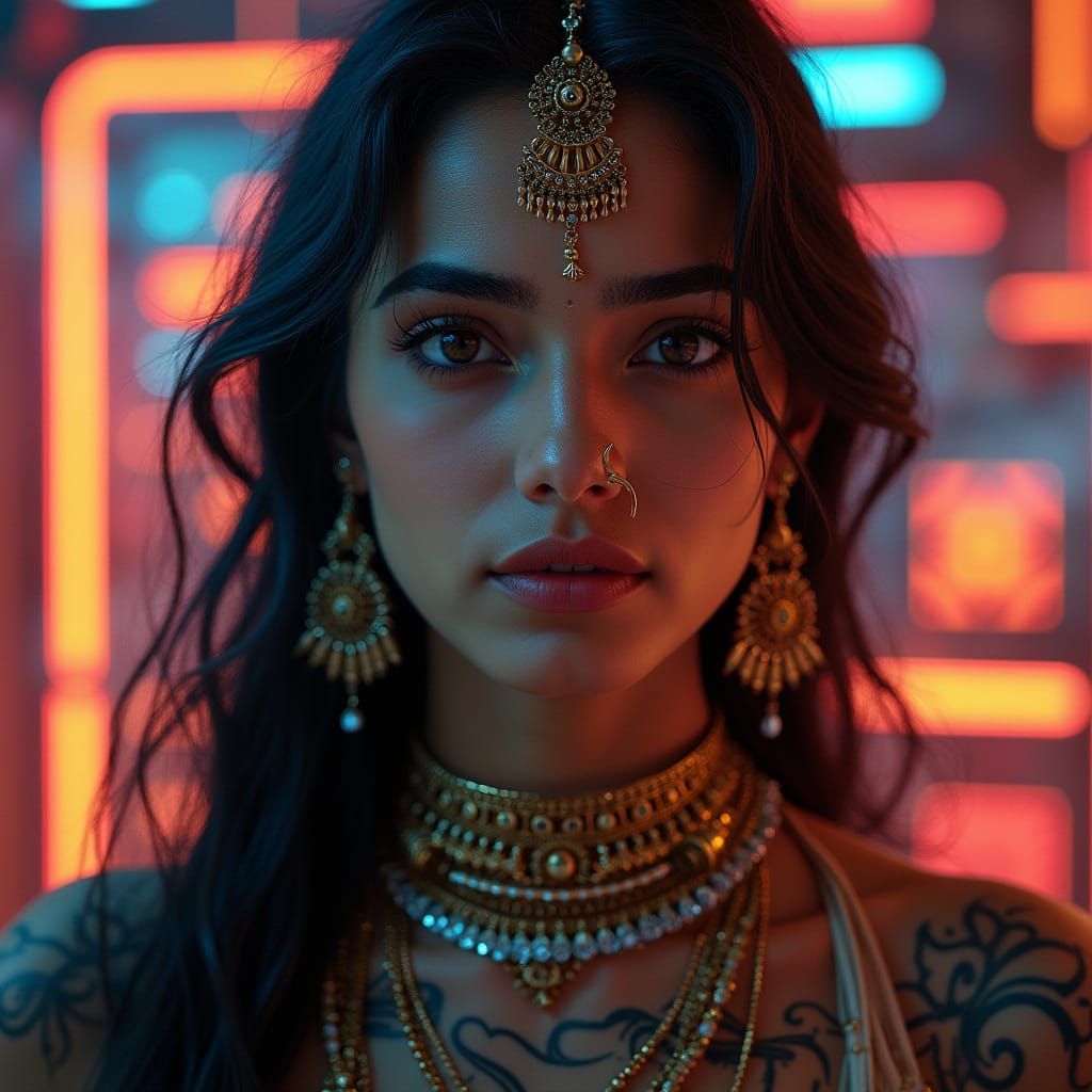 Cyberpunk Goddess in Ancient Indian Style