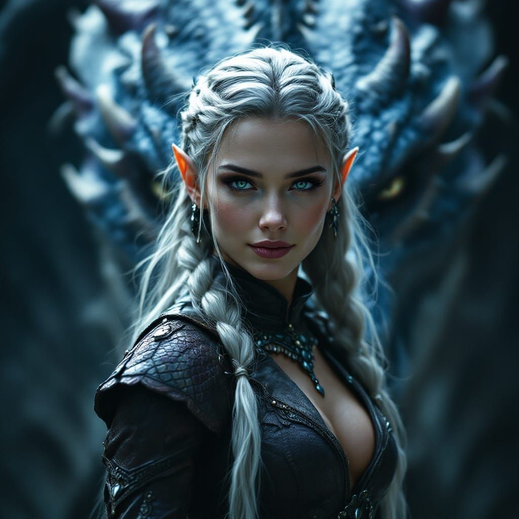 Ethereal Elf Maiden Surrounded by Majestic Dragon in Dark Fa...