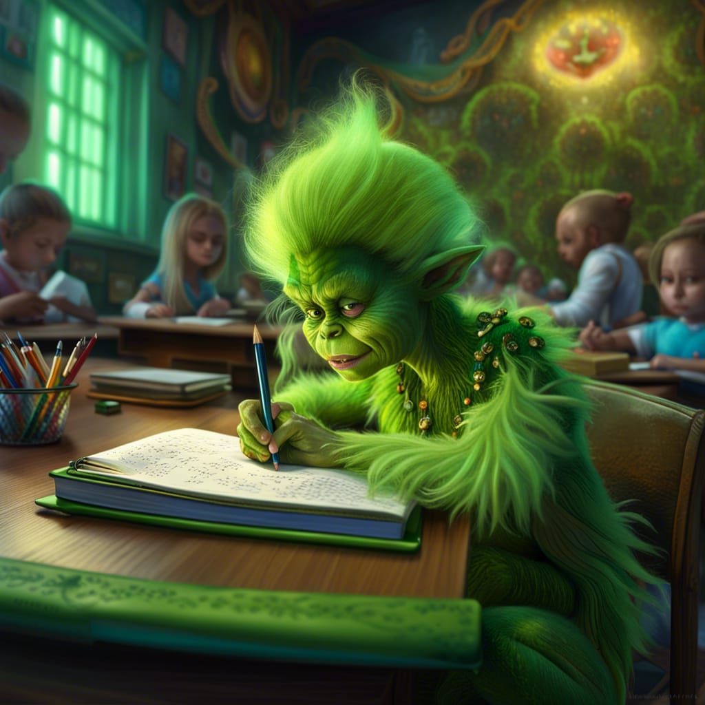 Young grinch writing in her diary at the front of the classroom on the first day at her new school