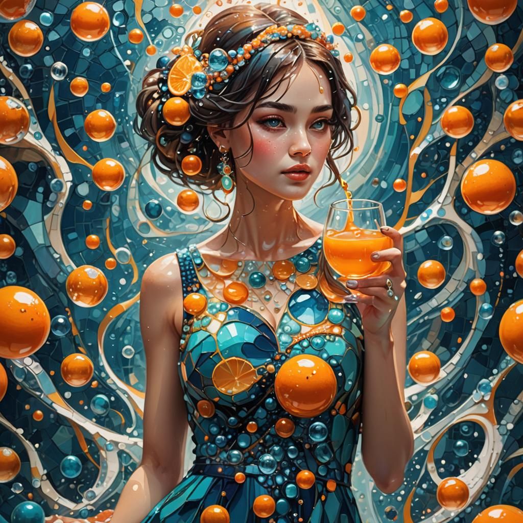 Mosaic Style: Woman with Orange and Bubbles