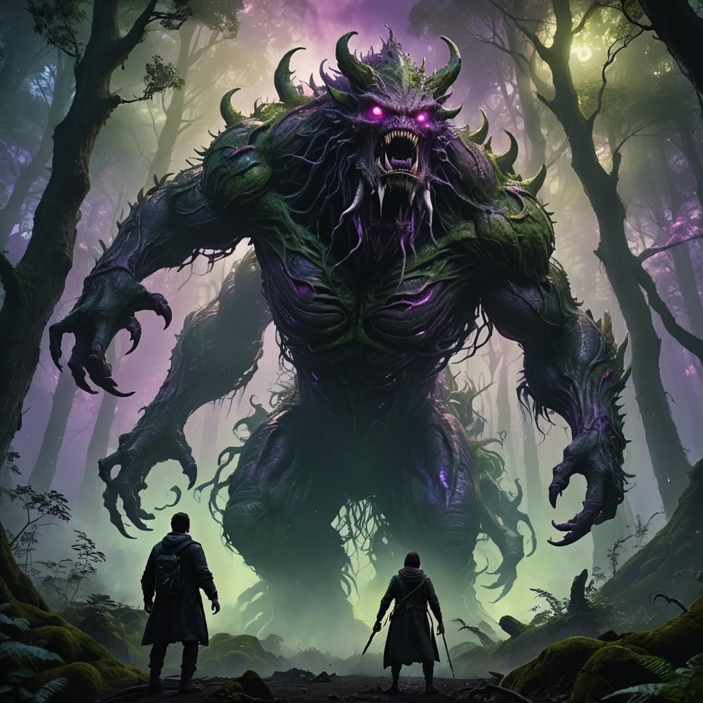Monstrous Creature in Dark Eerie Forest: Fantasy Art