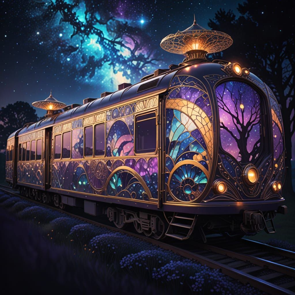 Dreamy Cosmic Train Unfolds in Vibrant Digital Painting