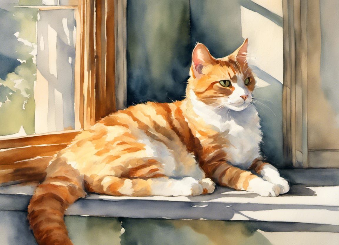 Ginger Cat Lounging, Watercolor Impressionism