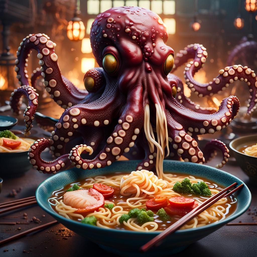 Octopus Eats Ramen: Detailed Matte Painting