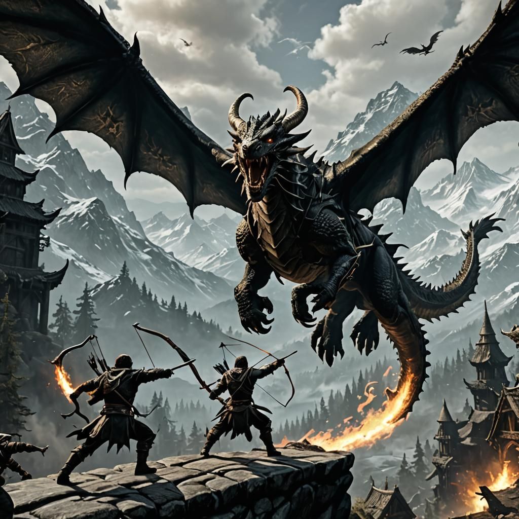 Skyrim Archer and Companion Fighting Dragon