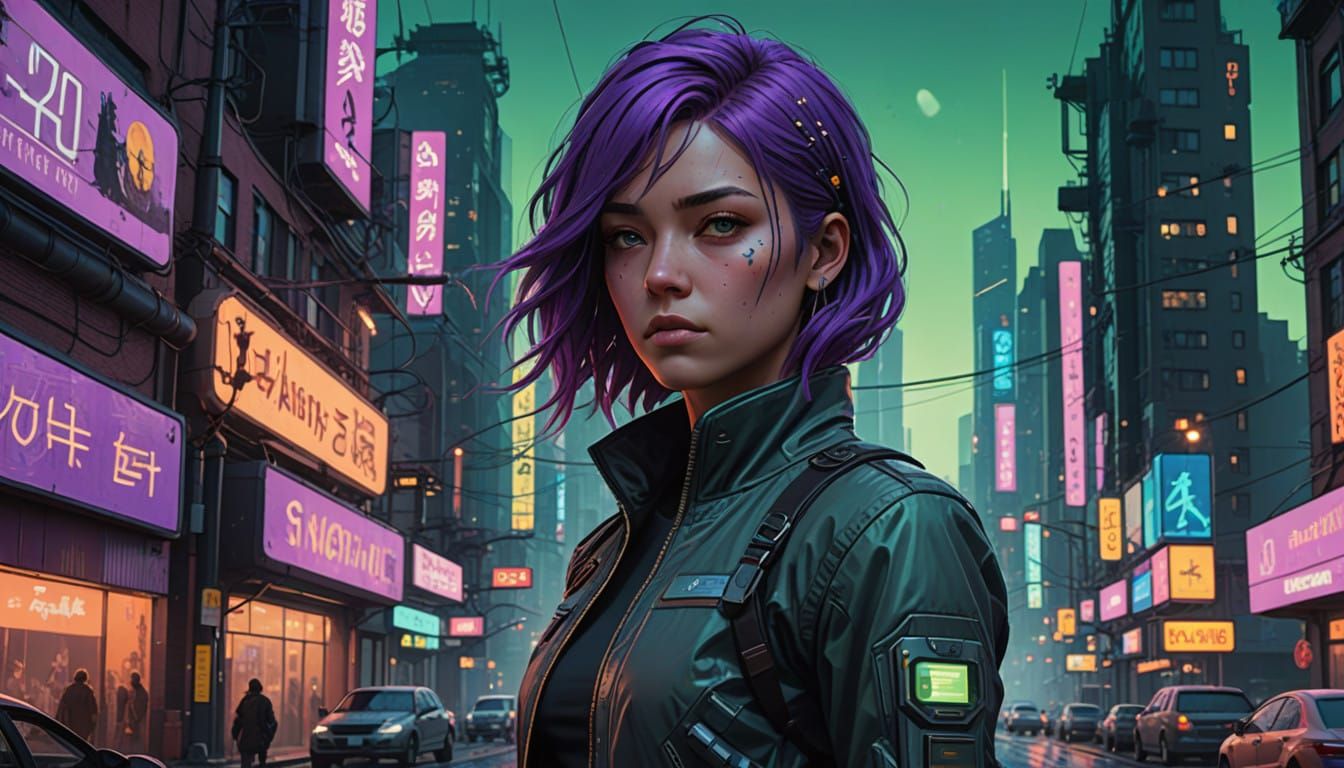 Cyberpunk Heroine in Dystopian Metropolis