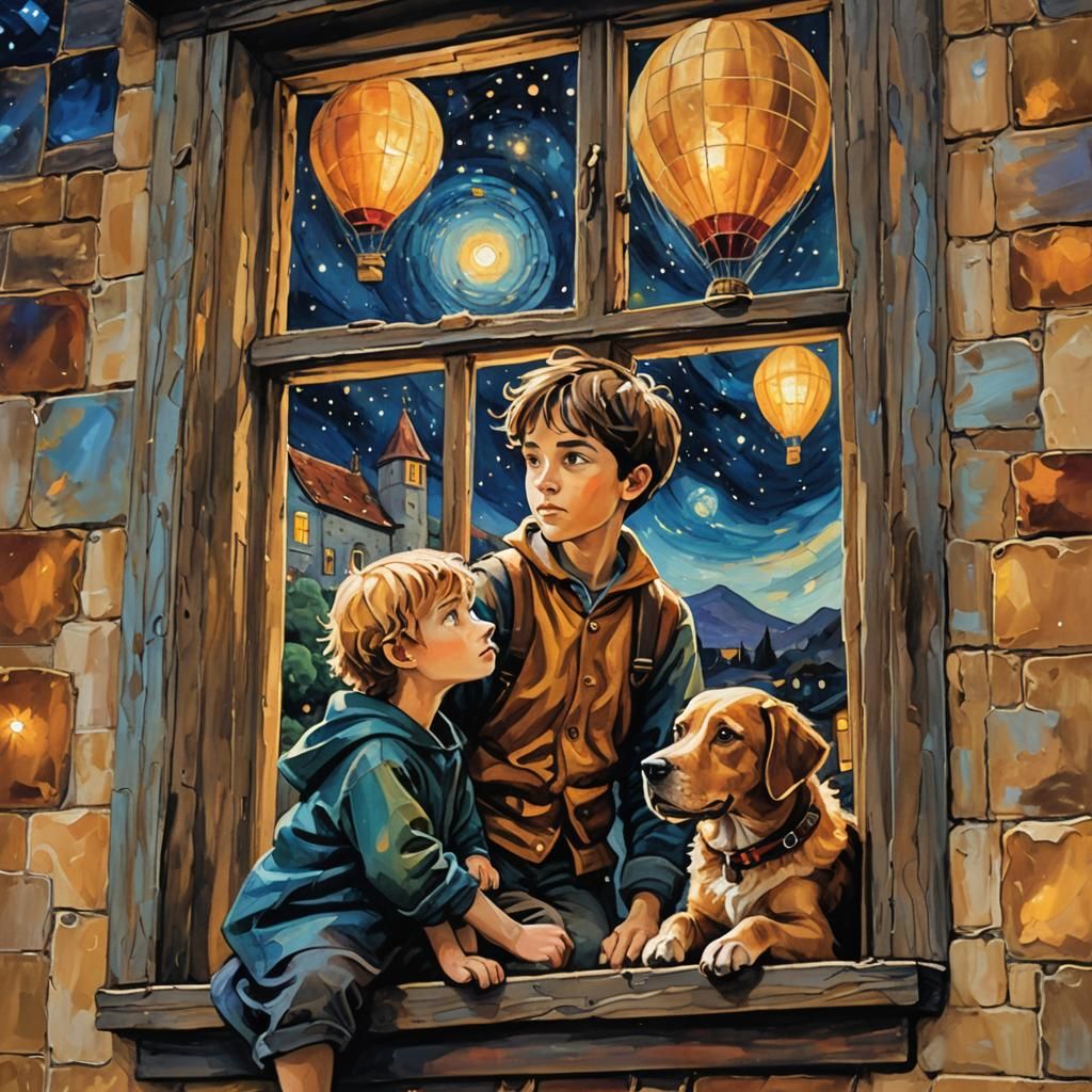 Boy and Dog Gaze at Cosmic Sky as Impasto Painting