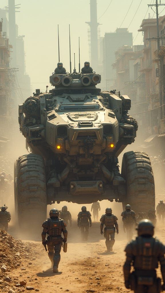 Futuristic Armored Convoy Dominates Sun-Scarred Urban Wastel...