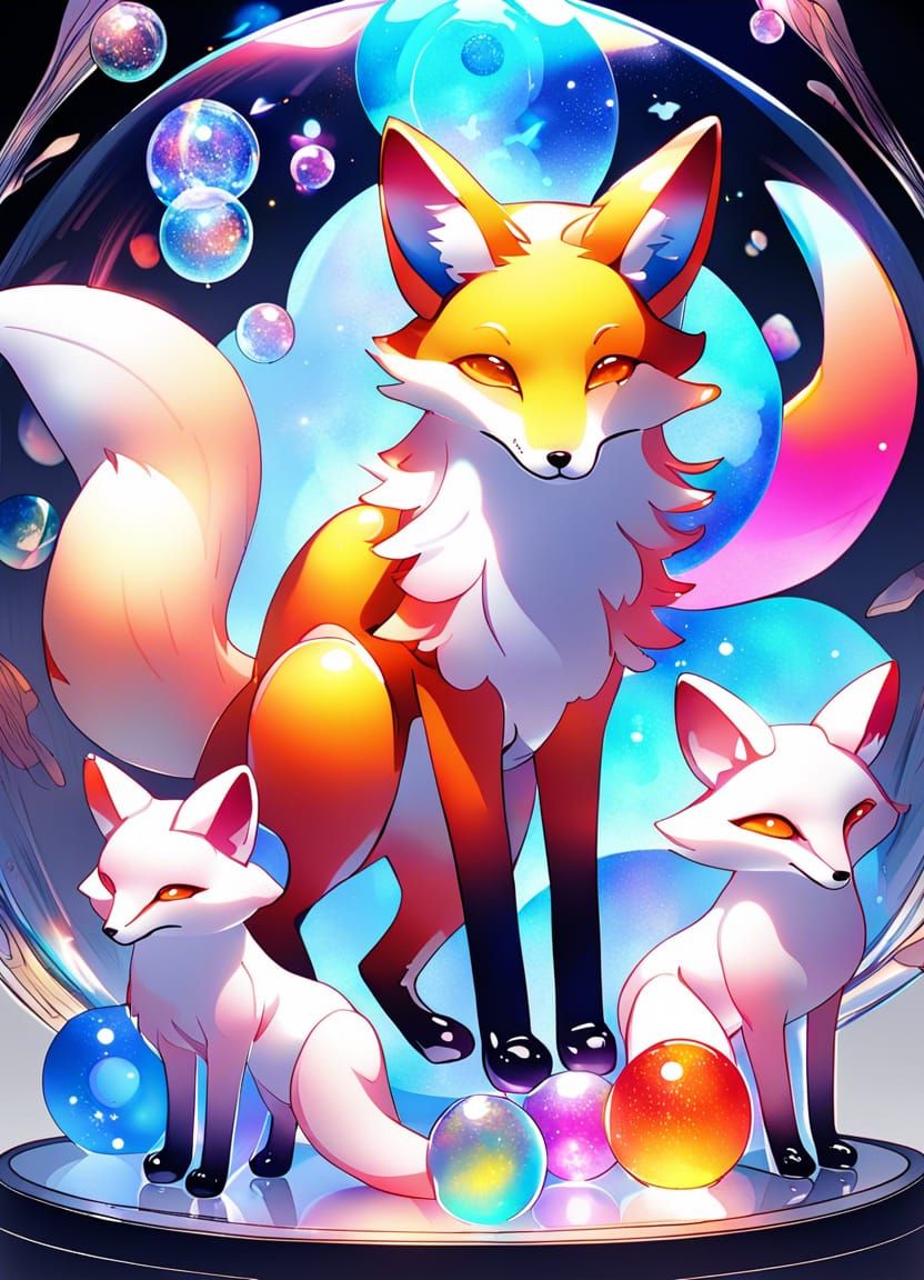 Blown Glass Foxes in Anime Style Illustration
