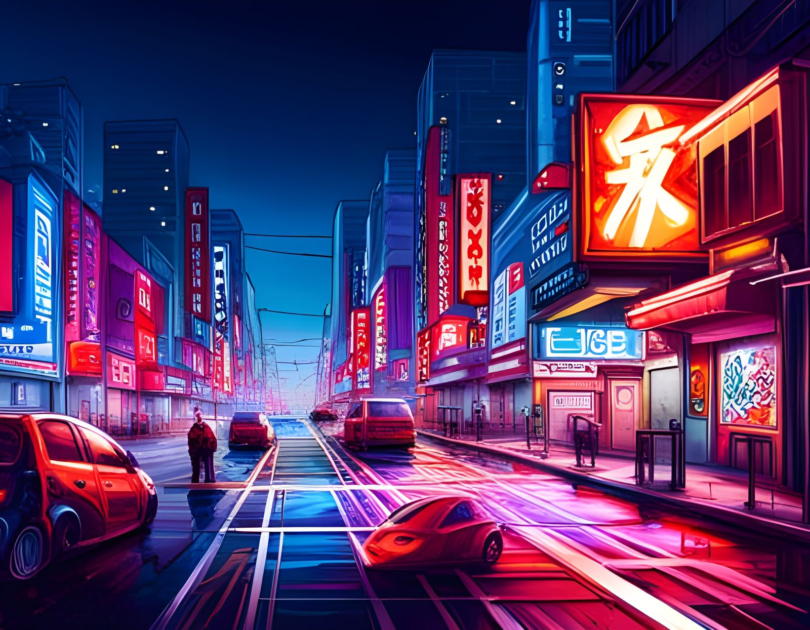 Neon Japanese Techno Streets with Flying Cars