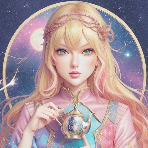 Anime Tarot Reader in Starry Pink Sky
