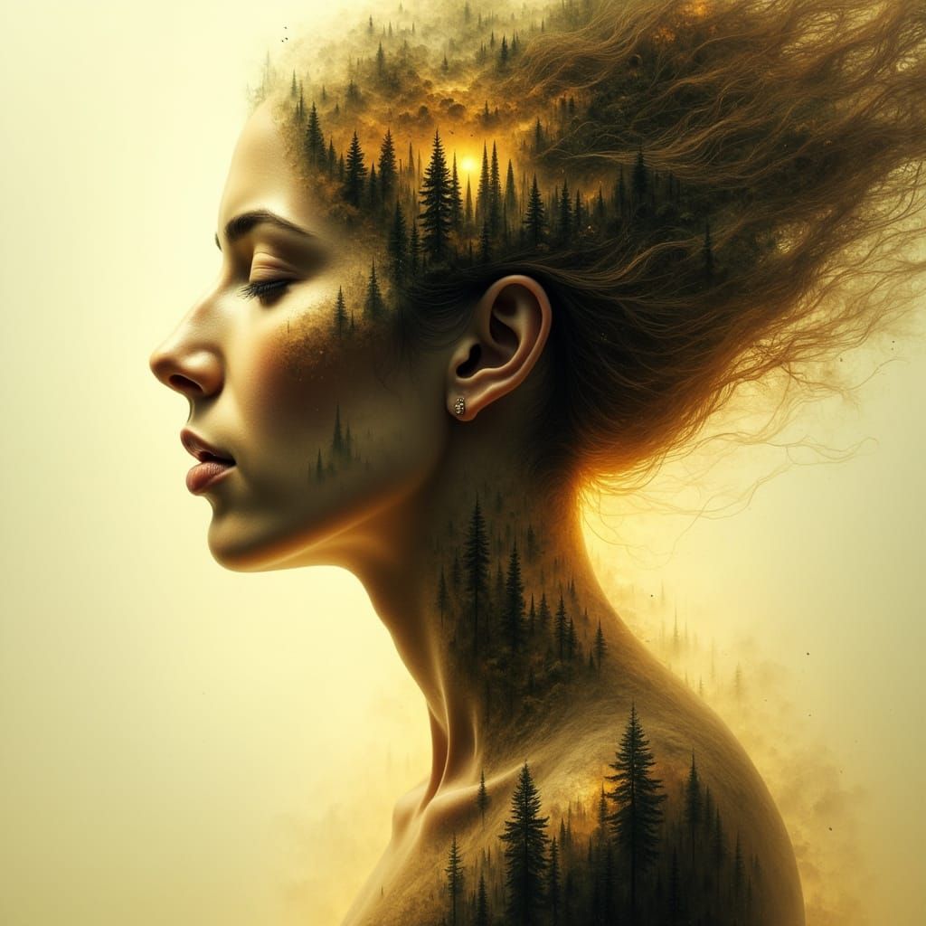 Ethereal Woman in Golden Light Dissolves into Mist