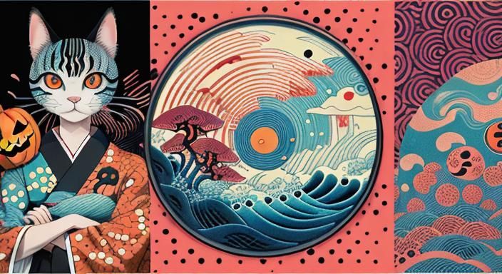 Anime Ukiyo-e Surrealism with Cats and Melting Clocks