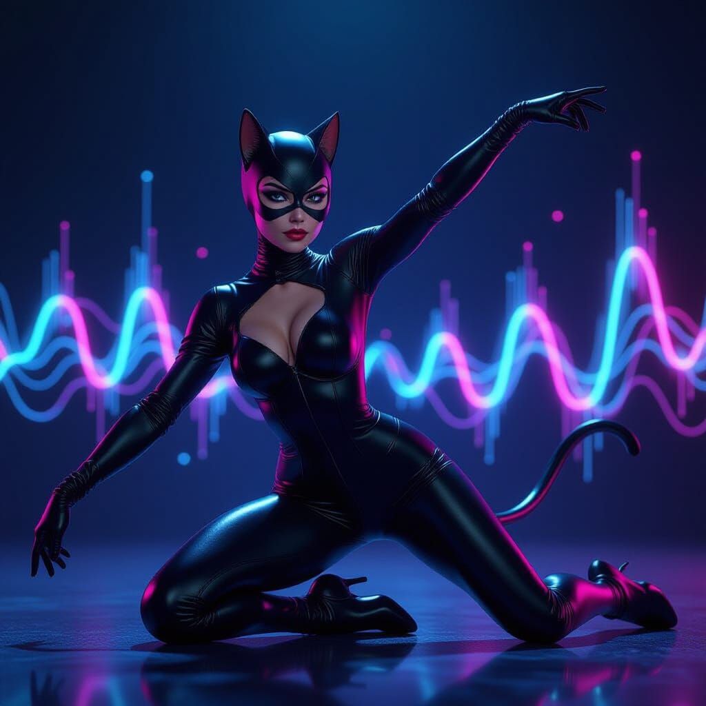 Dynamic Catwoman Ballet Pose with Sound Waveforms