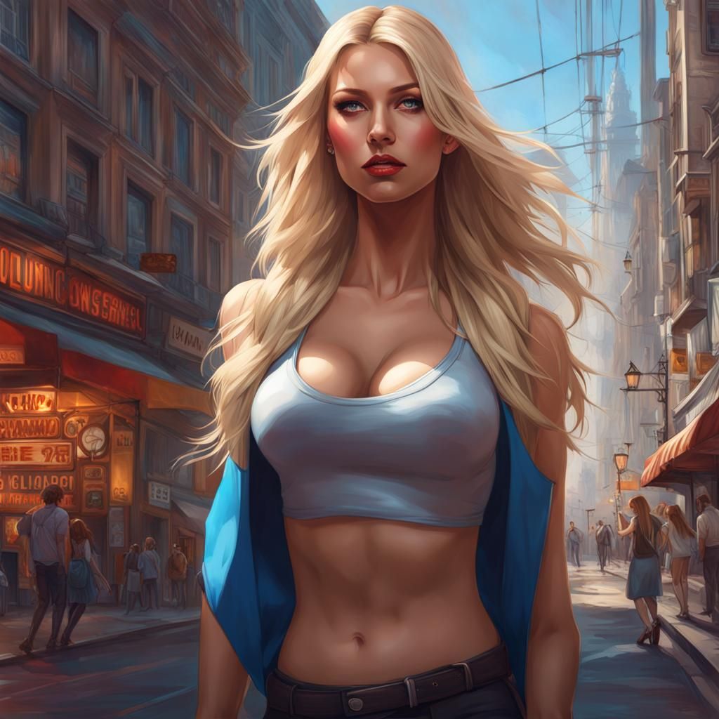 Blond Woman in City Street: Hyperdetailed Digital Portrait