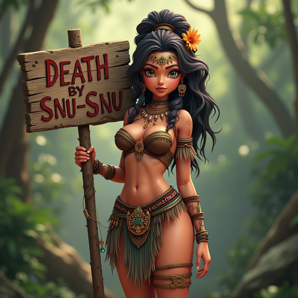 Amazonian Woman with Death by Snu-Snu Sign