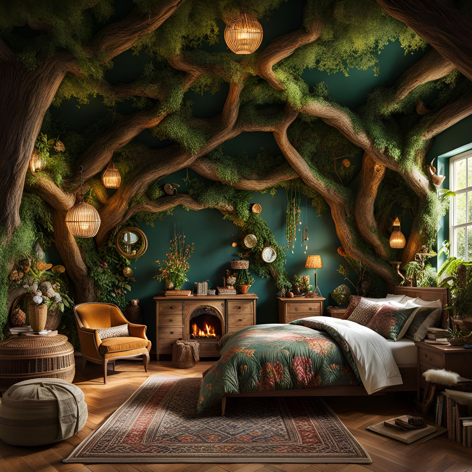 Maximalist woodland bedroom