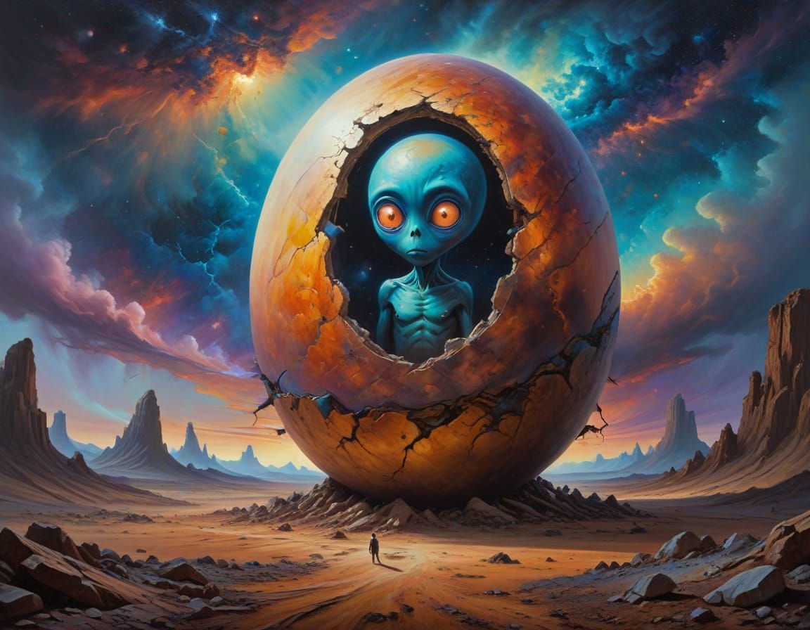 Surreal Alien Emerges From Giant Egg on Desolate Landscape