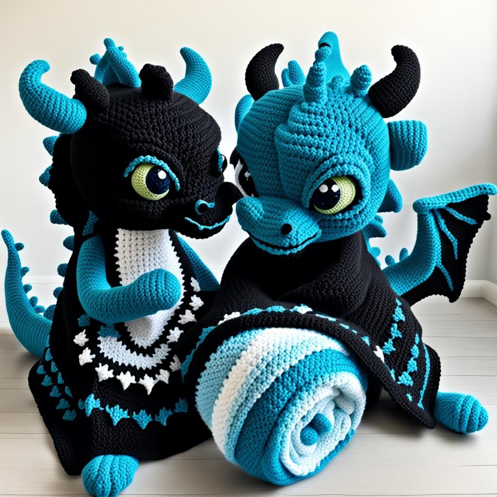 Dragons Crocheting a Baby Blanket in Blue and Black