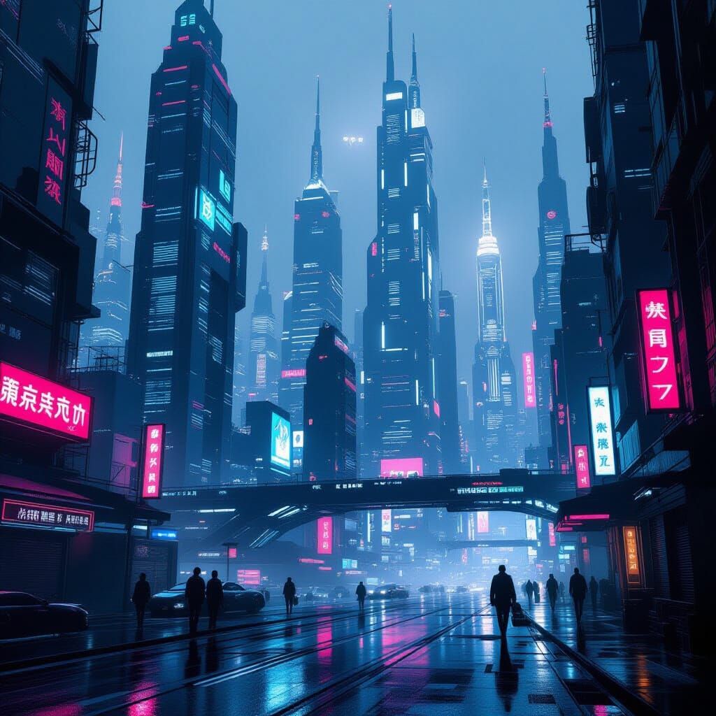 Cyberpunk Cityscape with Neon Lights and Sleek Skyscrapers