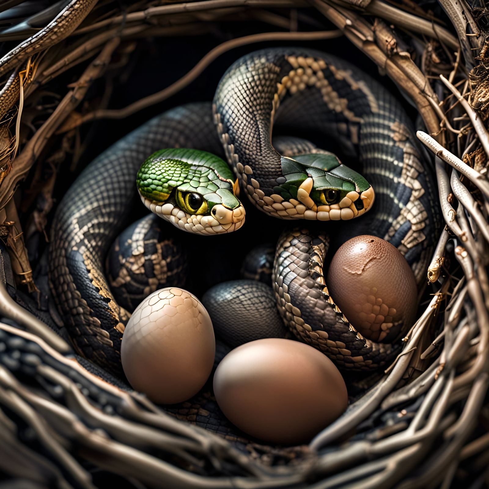Hyperrealistic Snakes Hatching from Nest in HDR