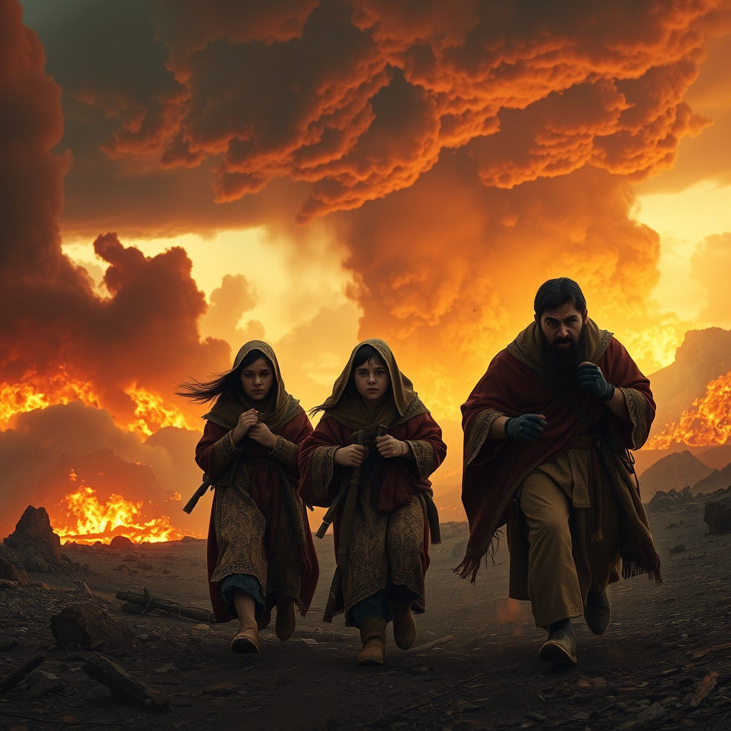 Family Fleeing Fiery Apocalypse as High-Fantasy Concept Art
