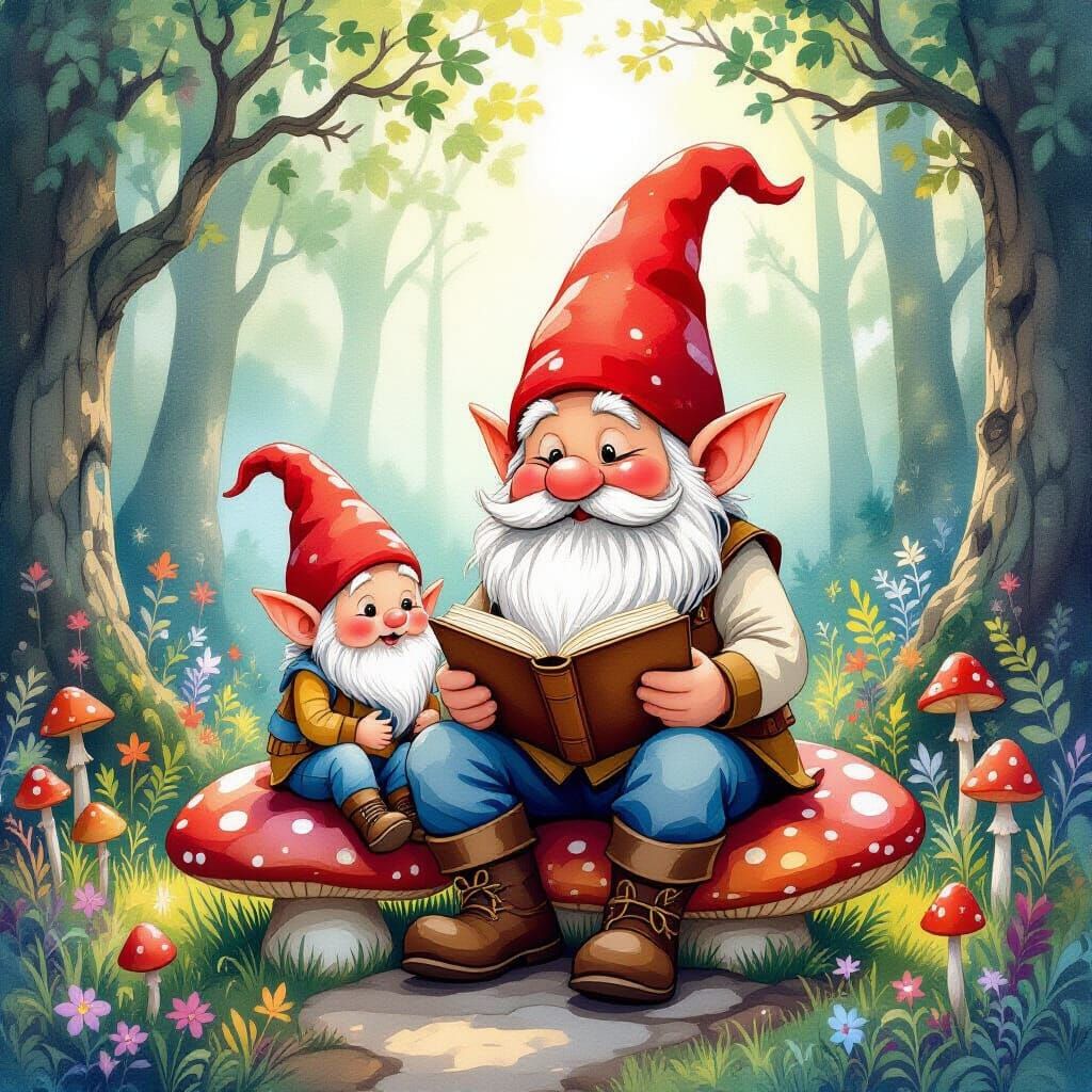 Gnome Father and Son Reading in Enchanted Forest