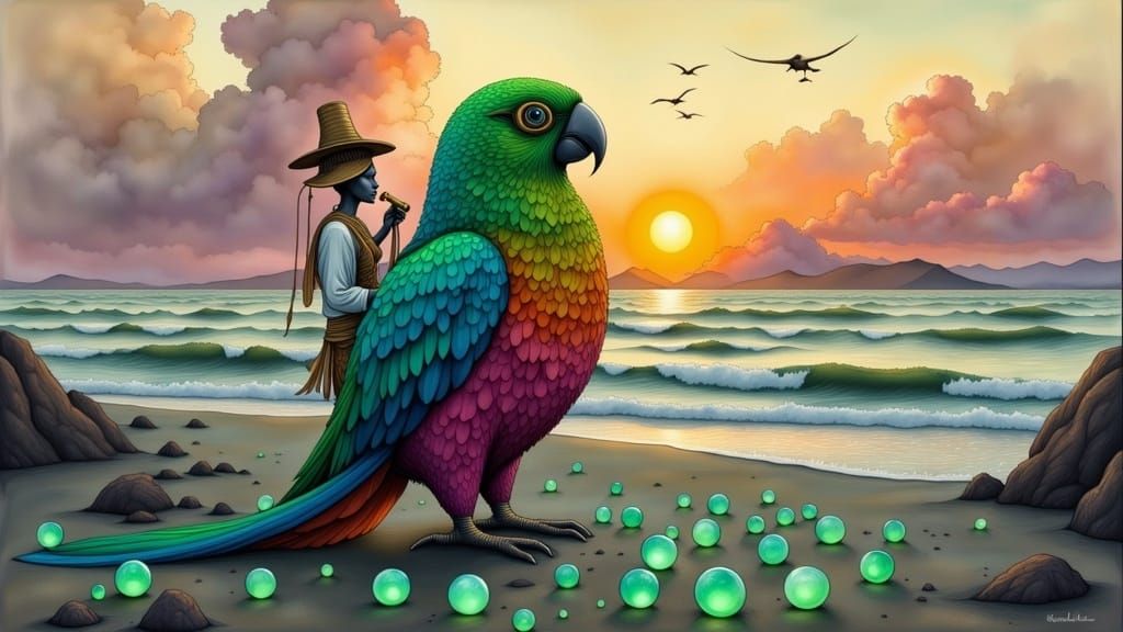 Alien Pirate and Rainbow Parrot on Desert Island